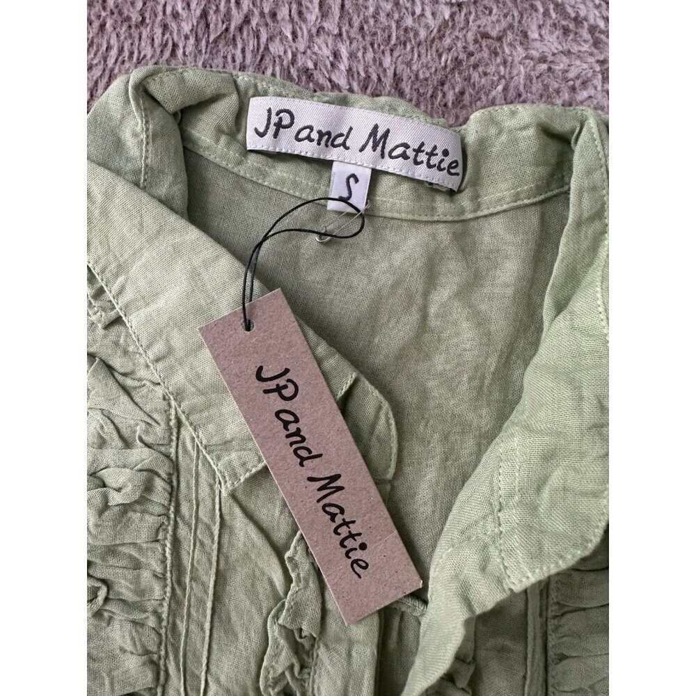 JP And Mattie Women’s Blanchard Ruffle Button Down Blouse Green Sz S New - Picture 6 of 13